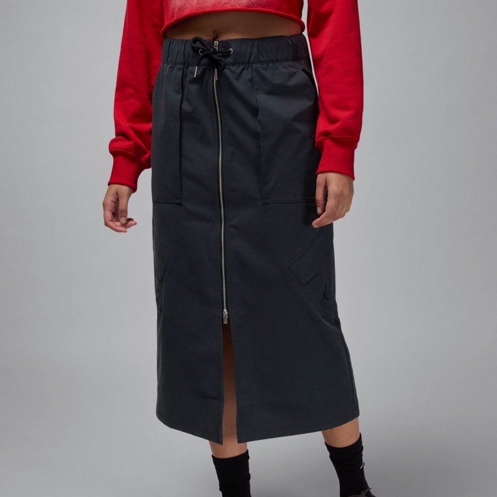 Jordan Black Midi Zip-Front Drawcord Skirt